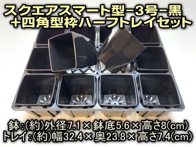スクエアスマート型3号プラ鉢黒(12鉢)＋四角型枠ハーフトレイセット