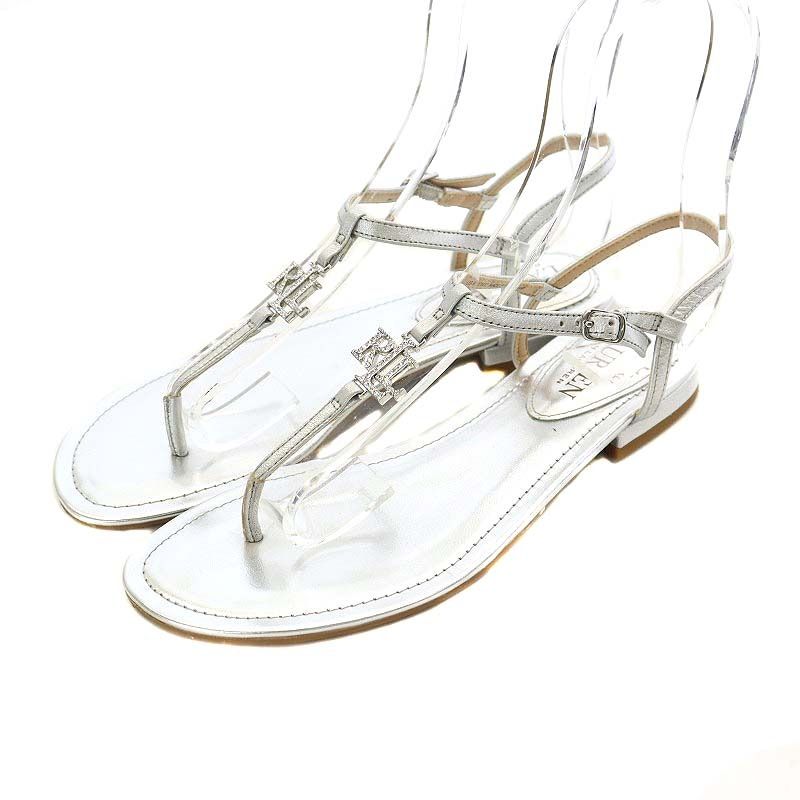 ローレンラルフローレン LAUREN RALPH LAUREN ロゴストーン トングサンダル ストラップ ローヒール US6 23㎝ シルバー色 /HK ■OS