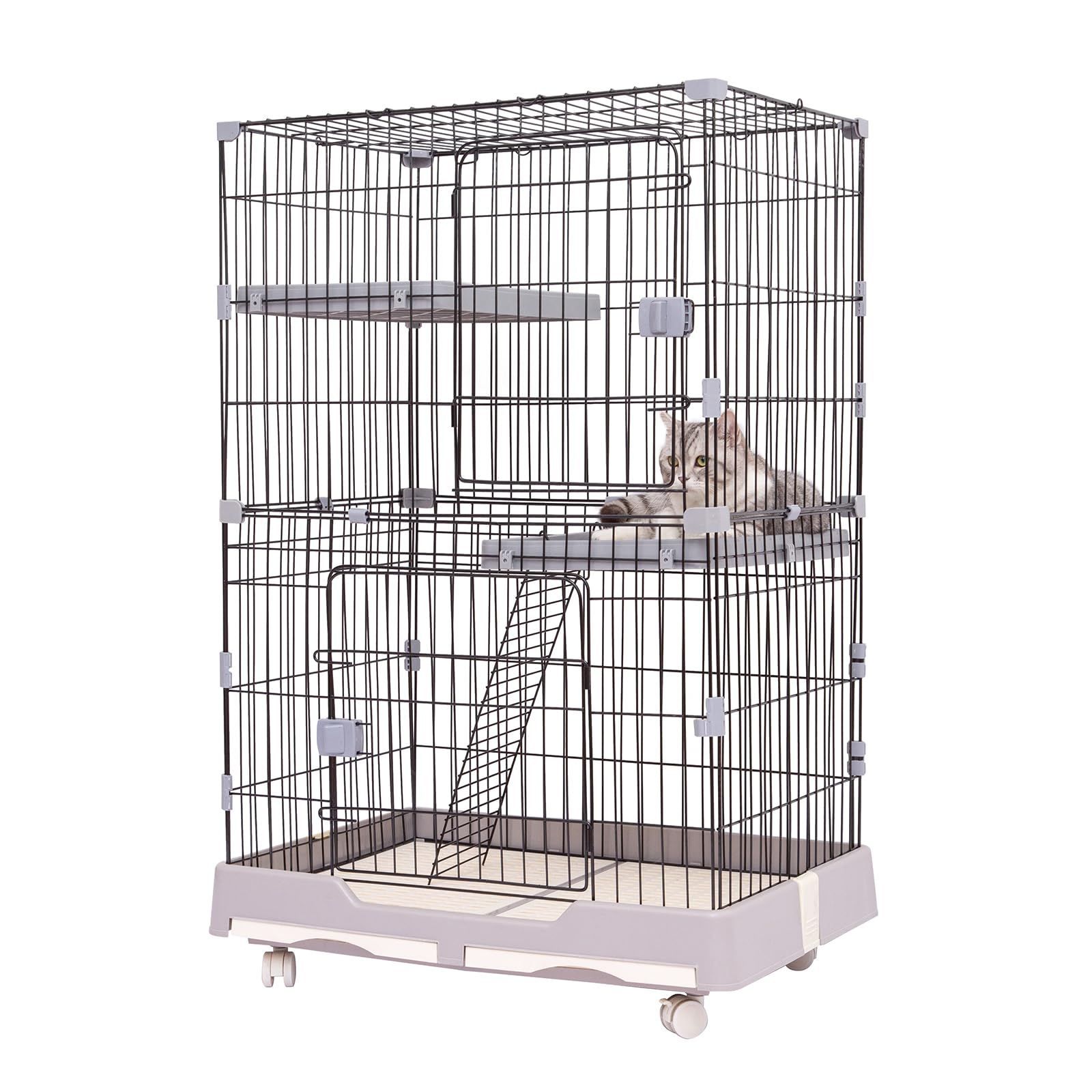 Shinyever 猫 ケージ キャットケージ 猫ゲージ 大型 82 57 124CM キャスター ハンモックキャットケージ猫 梯子付き ドア トレー ステップ 多頭飼い 脱走防止 留守番 1段 2段 組み替え自由 ペットケージ ねこ お掃除らく