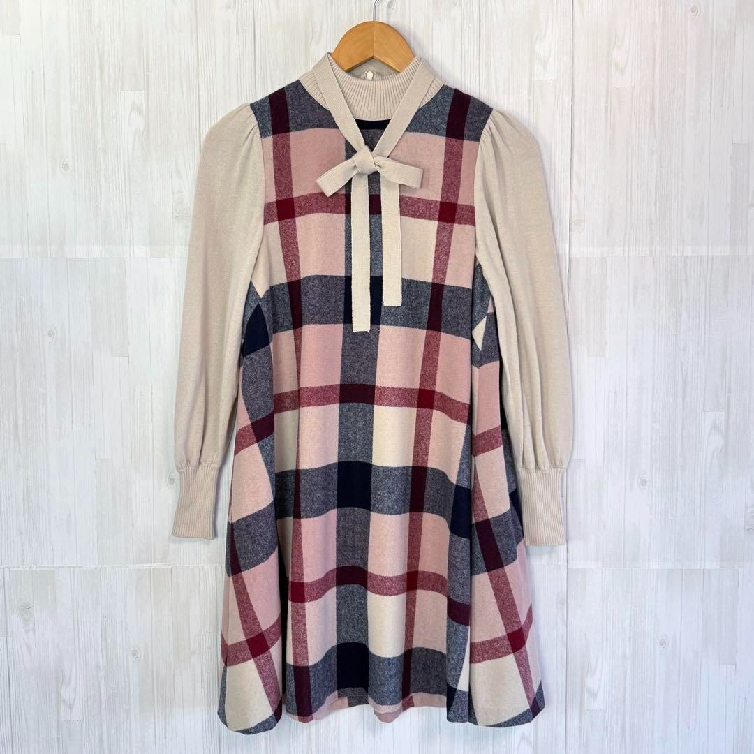 BLUE LABEL CRESTBRIDGE ブルーレーベルクレストブリッジ ウールブレンド クレストブリッジチェック フラノワンピース リボンタイ ウール混 裏地あり ミニワンピース ニット 定価約4万円