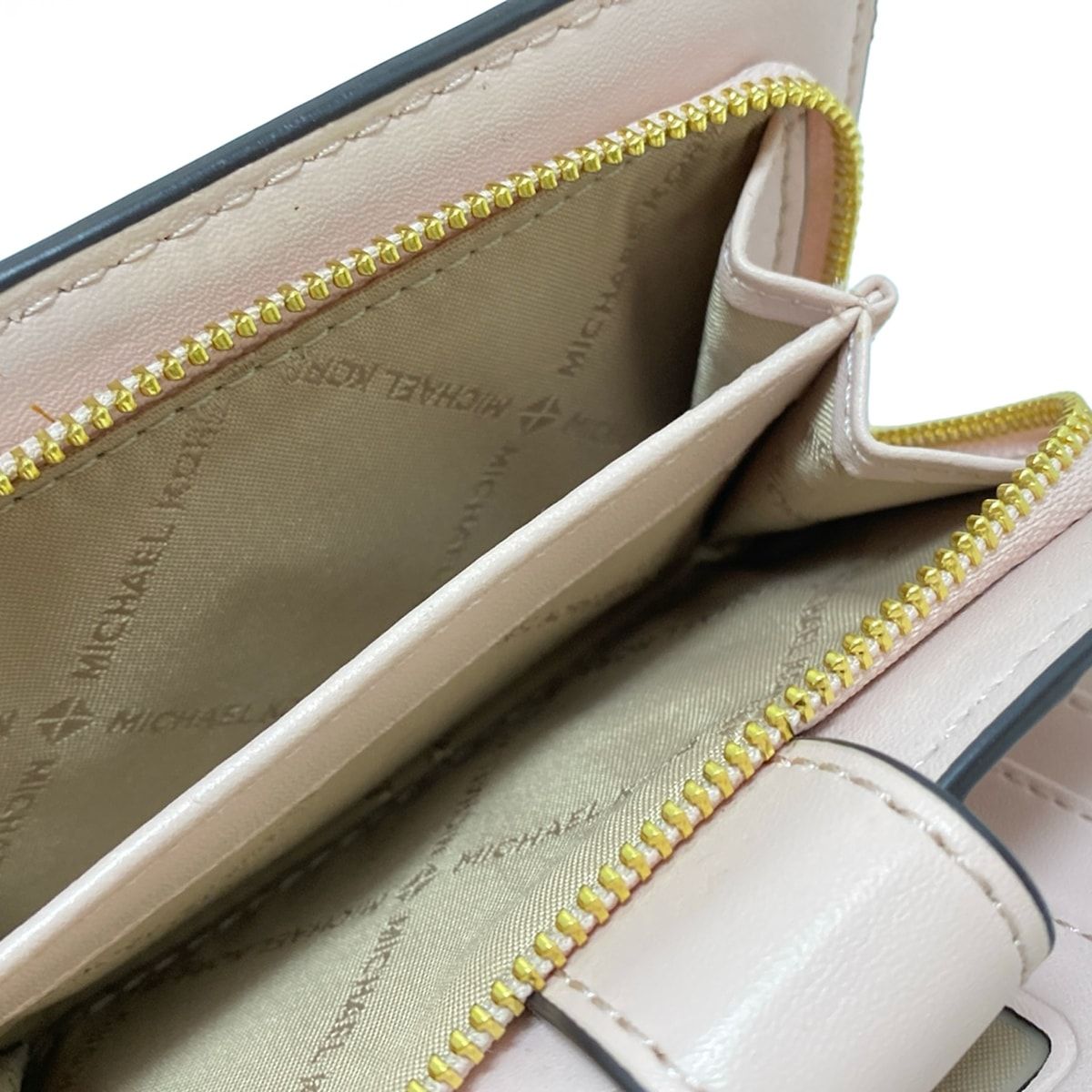 マイケルコース 2つ折り財布 ビルフォールド ジップ コインウォレット 35F8GTVF2B 白×ベージュ×ライトピンク L字ファスナー レザー NICORILABO_COM