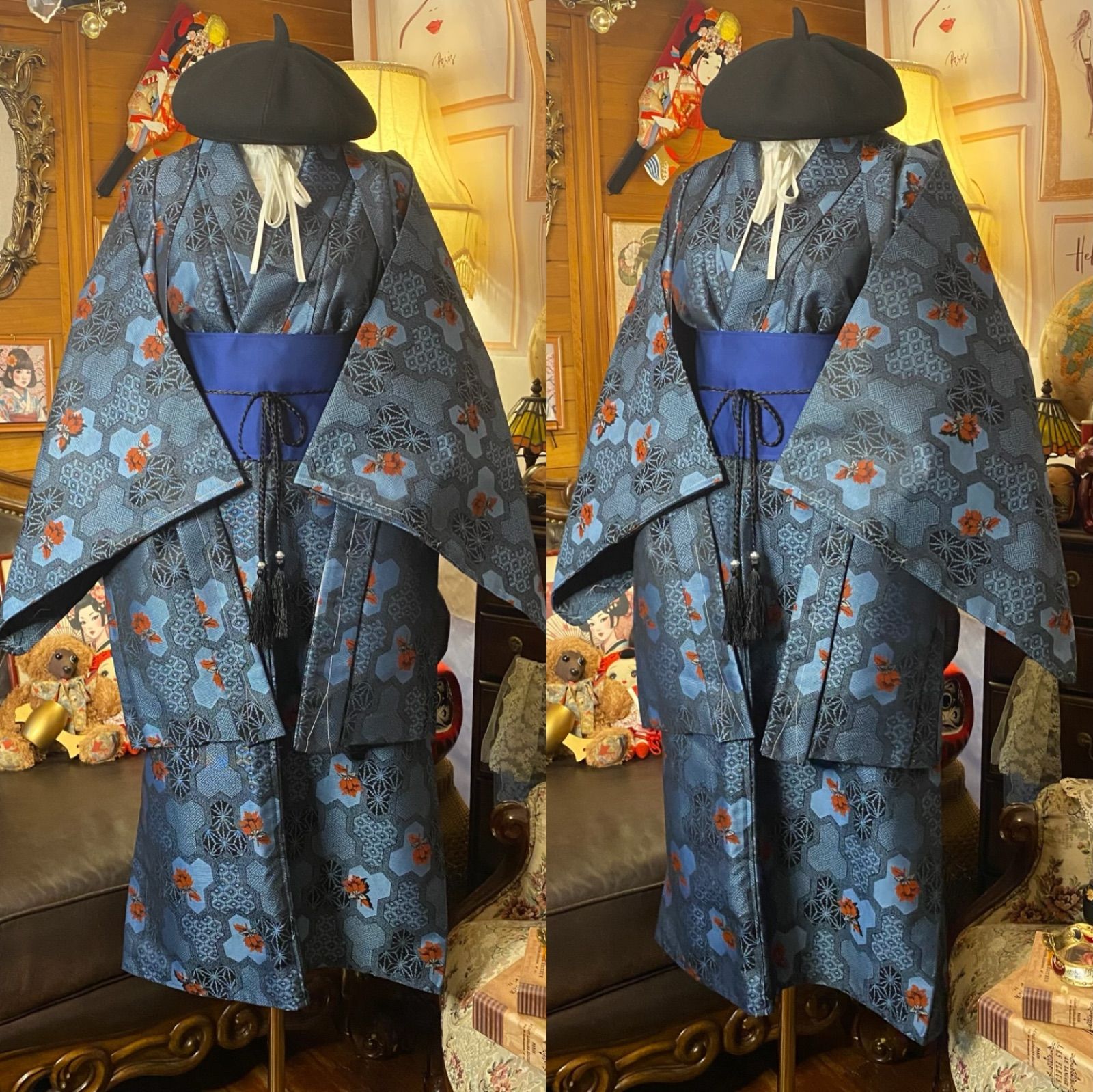 着物リメイクセミロングワンピース アンサンブル 帯サッシュベルト付き