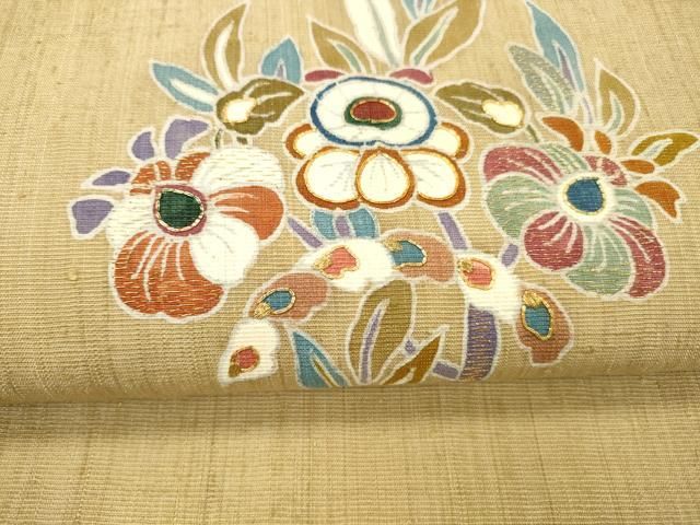 平和屋着物●九寸名古屋帯　紬地　駒刺繍　枝花文　金糸　銀通し地　正絹　逸品　DAAX8749cm 平和屋着物○九寸名古屋帯 紬地 駒刺繍 枝花文 金糸