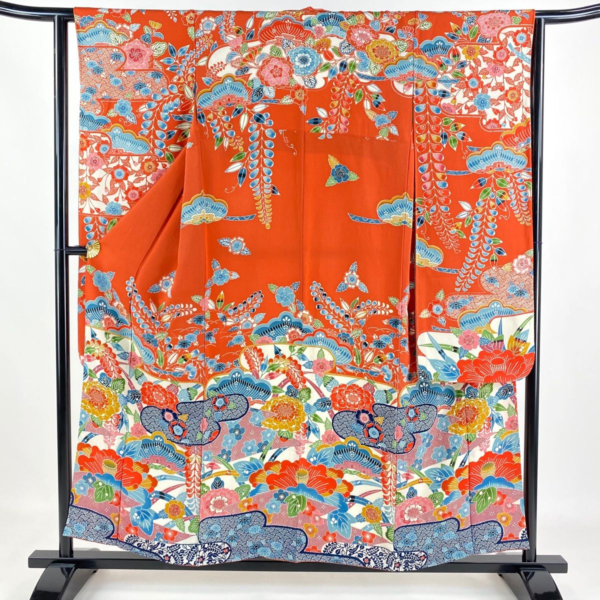振袖 身丈156cm 裄丈62cm S 袷 草花 エ霞 縮緬 朱色 正絹 名品 【中古】 |  レディース 