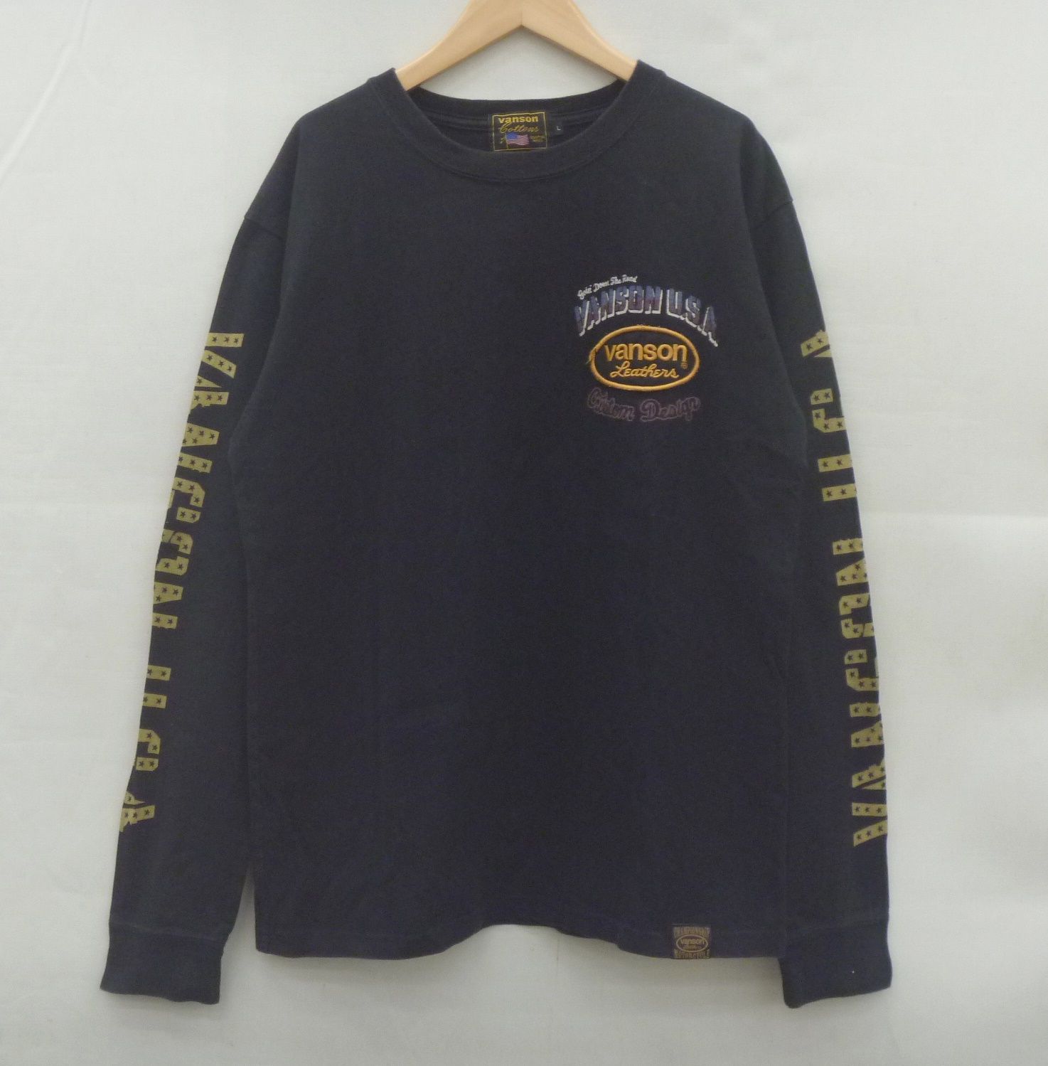 中古 バンソン Vanson メンズ 丸首 長袖 プリントTシャツ バイカー バイクウェア