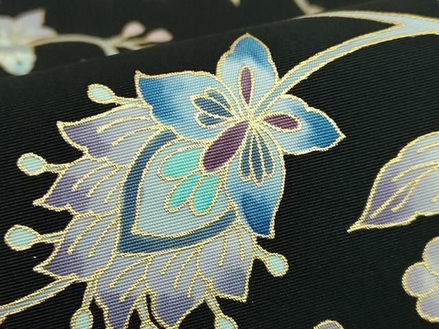 平和屋本店□極上 岡重謹製 OKAJIMA 塩瀬 九寸名古屋帯 更紗花文 黒地