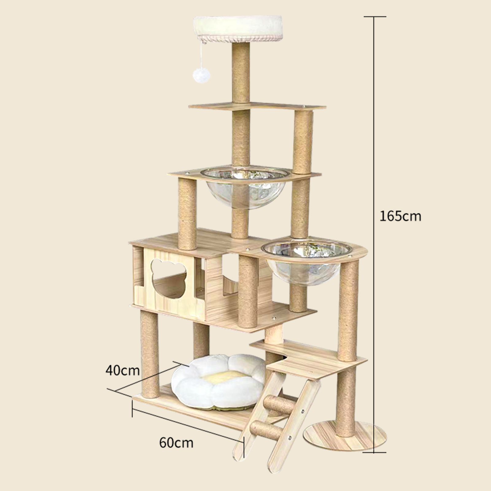 猫タワー60L x 40W x 165H cm天然麻紐木製 Y12 - キャットタワー