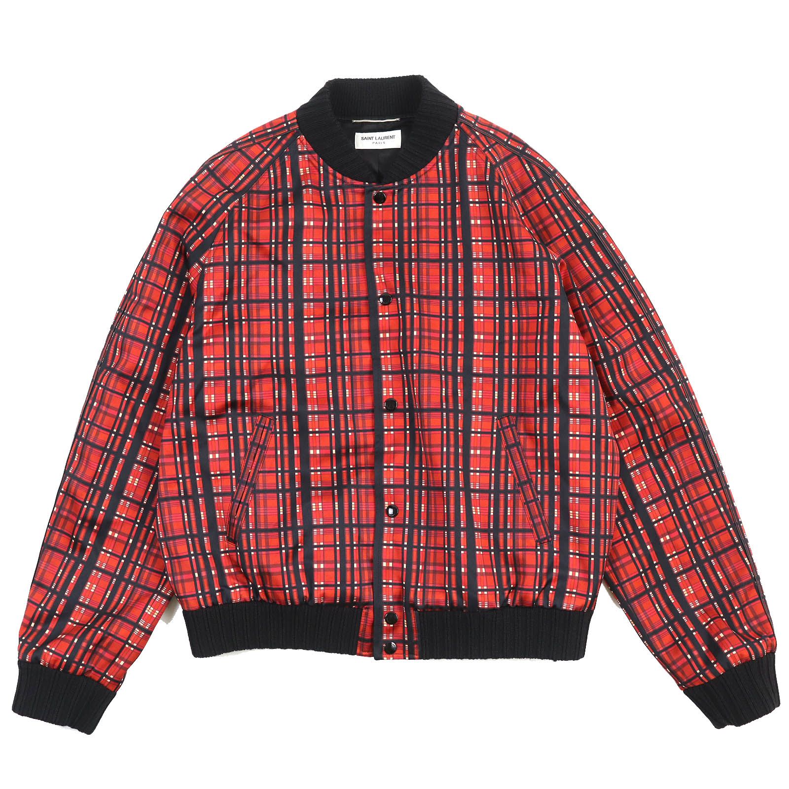 極美品SAINT LAURENT PARIS サンローランパリ 2020年製 632477 マドラスチェック サテン テディジャケット ボンバージャケット ブラック レッド系 52 イタリア製 正規品 メンズ オススメ
