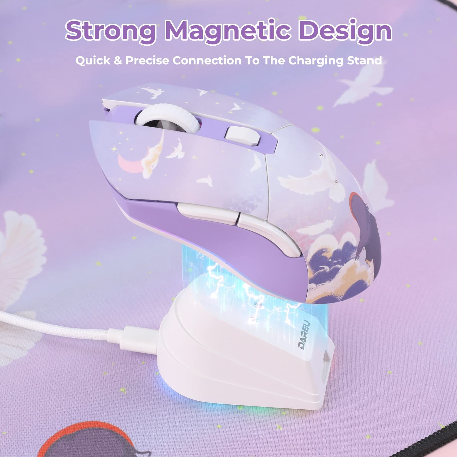 DAREU ゲーミングマウス 無線 紫 パープル ワイヤレス2.4G 有線USB接続 超軽量85g 人間工学 12000DPI 充電ドック付き プログラム EM901X 1年間メーカー