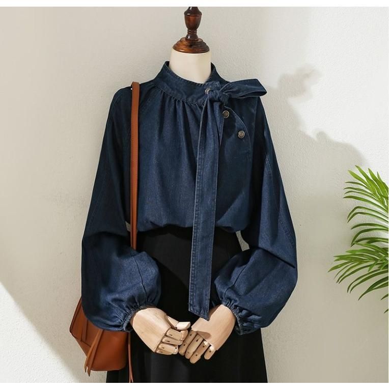 ブラウス レディース ス シャツ デニム 立ち襟 フリル リボン ボウタイ 長袖 2022 春 春服 ブラウス レディース トップス シャツ デニム 立ち襟 フリル