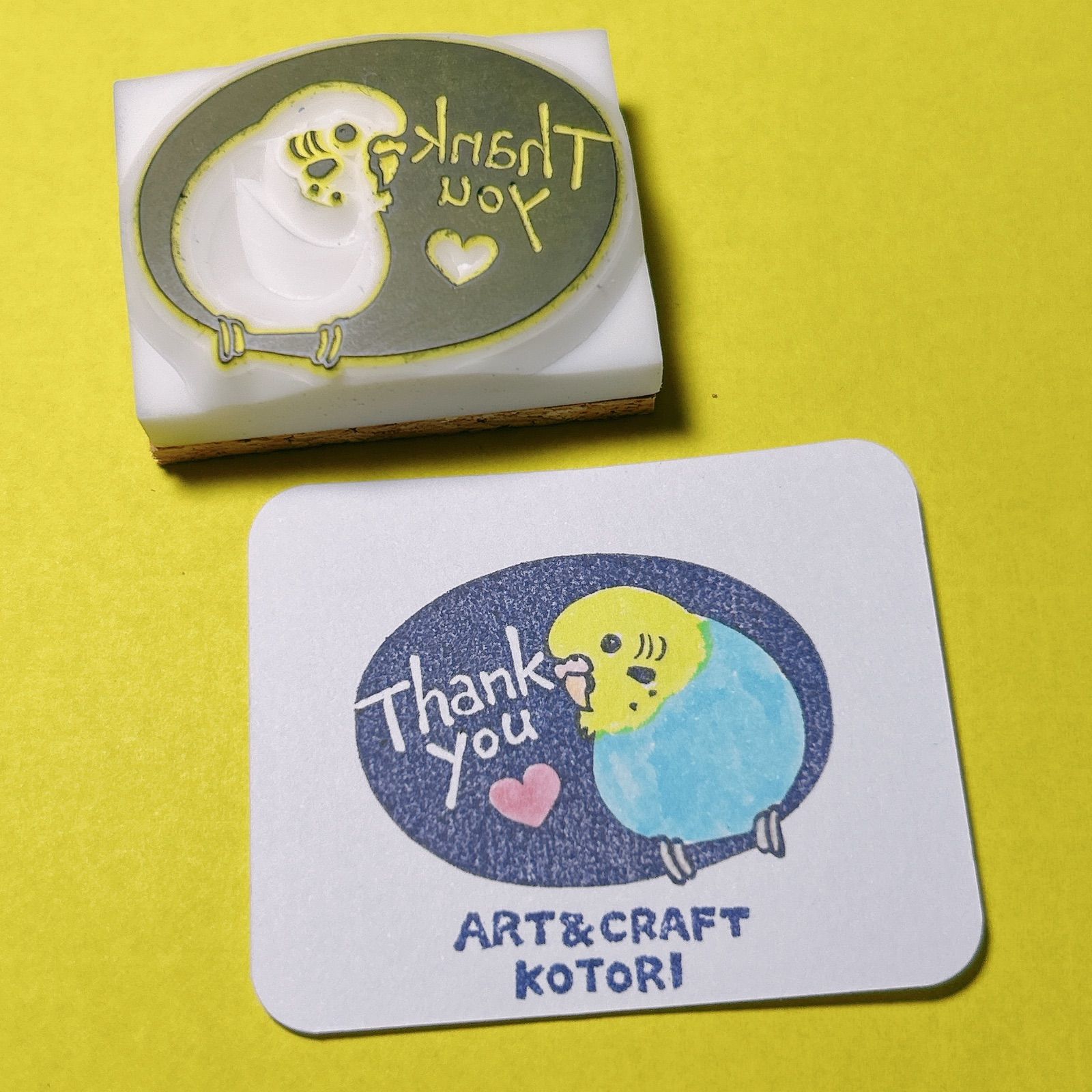 消しゴムはんこ セキセイインコ楕円thank you - メルカリ