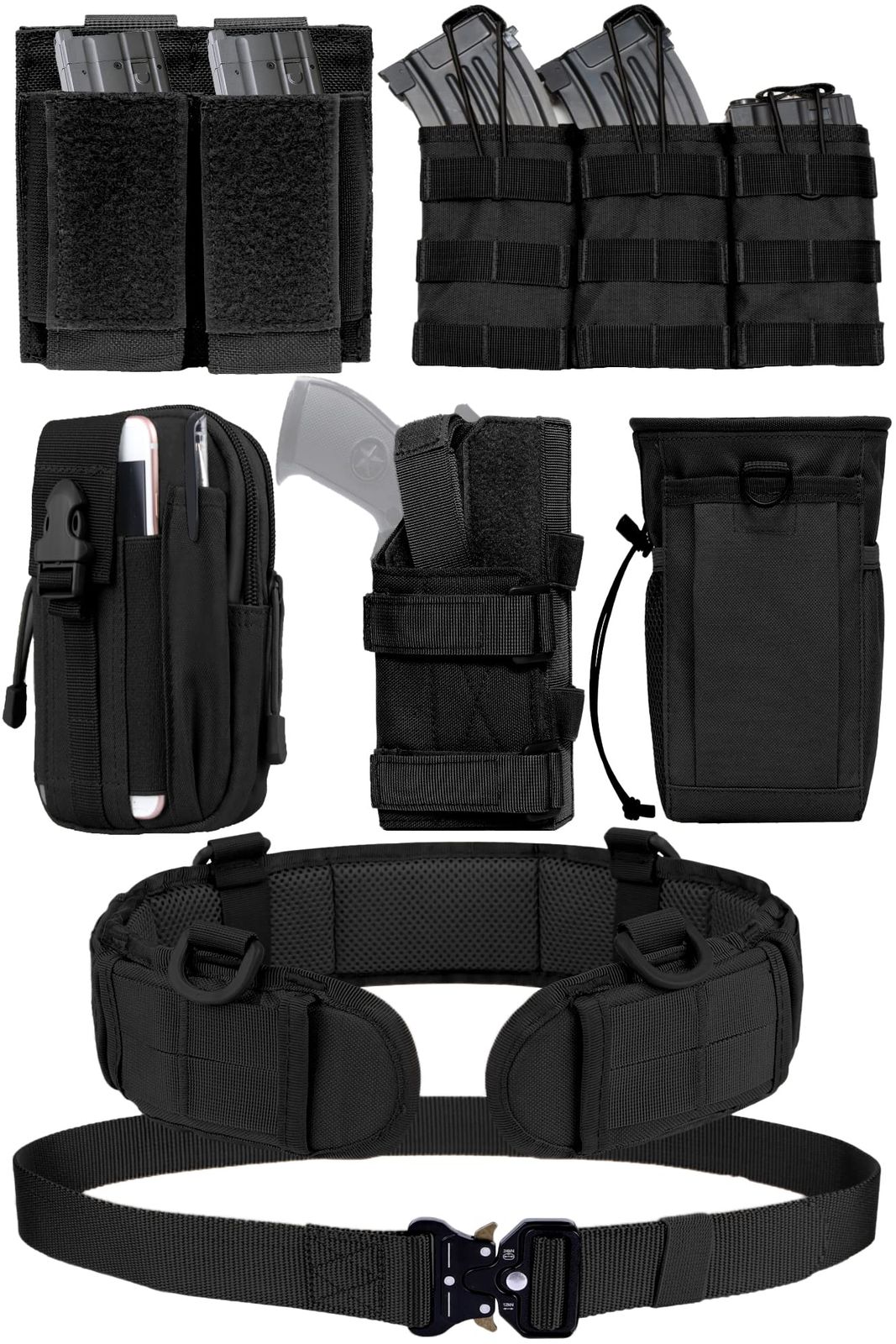 Roof Ren 7点セット サバゲー ベルト タクティカルベルト MOLLE 装備 セット マガジンポーチ マグポーチ ピストル ホルスター 1.ブラック 6 6点＋マグポーチ