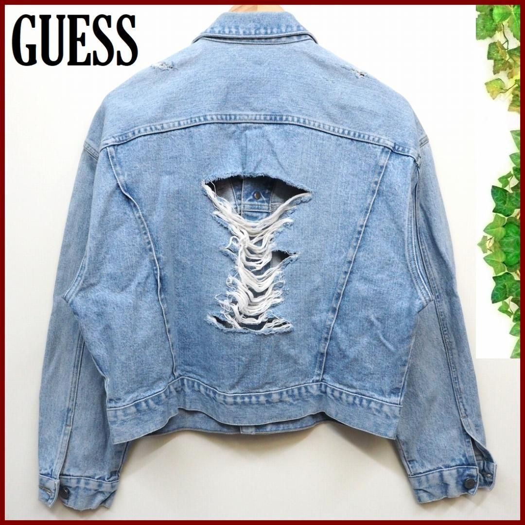 米国製 GUESS 90年代クラッシュ加工ショート丈デニム ジャケット水色 ゲス - メルカリ