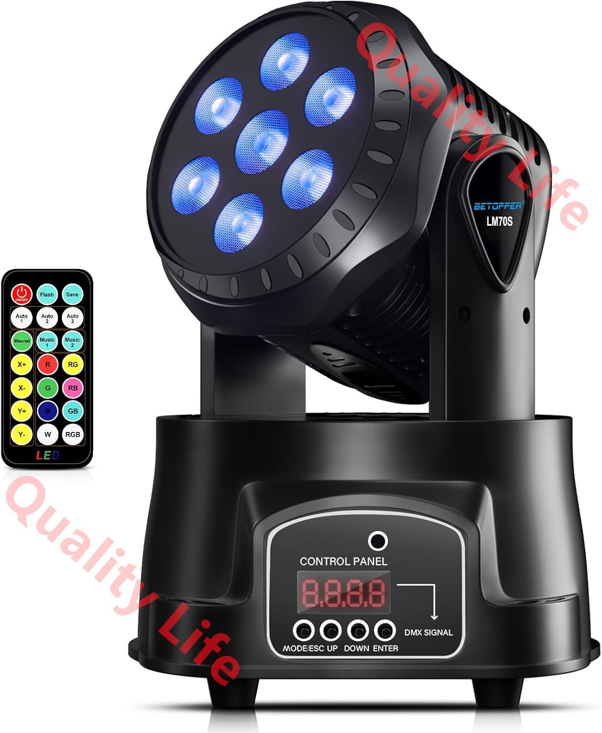 LEDムービングライト舞台照明7x8W RGBW DMX512 リモコン付き ディスコライト ステージライト7色変換 ステージ照明 9|14CH 高速回転 高輝度 音楽連動 操作便利 舞台|演出 リモコン LM70SR*1