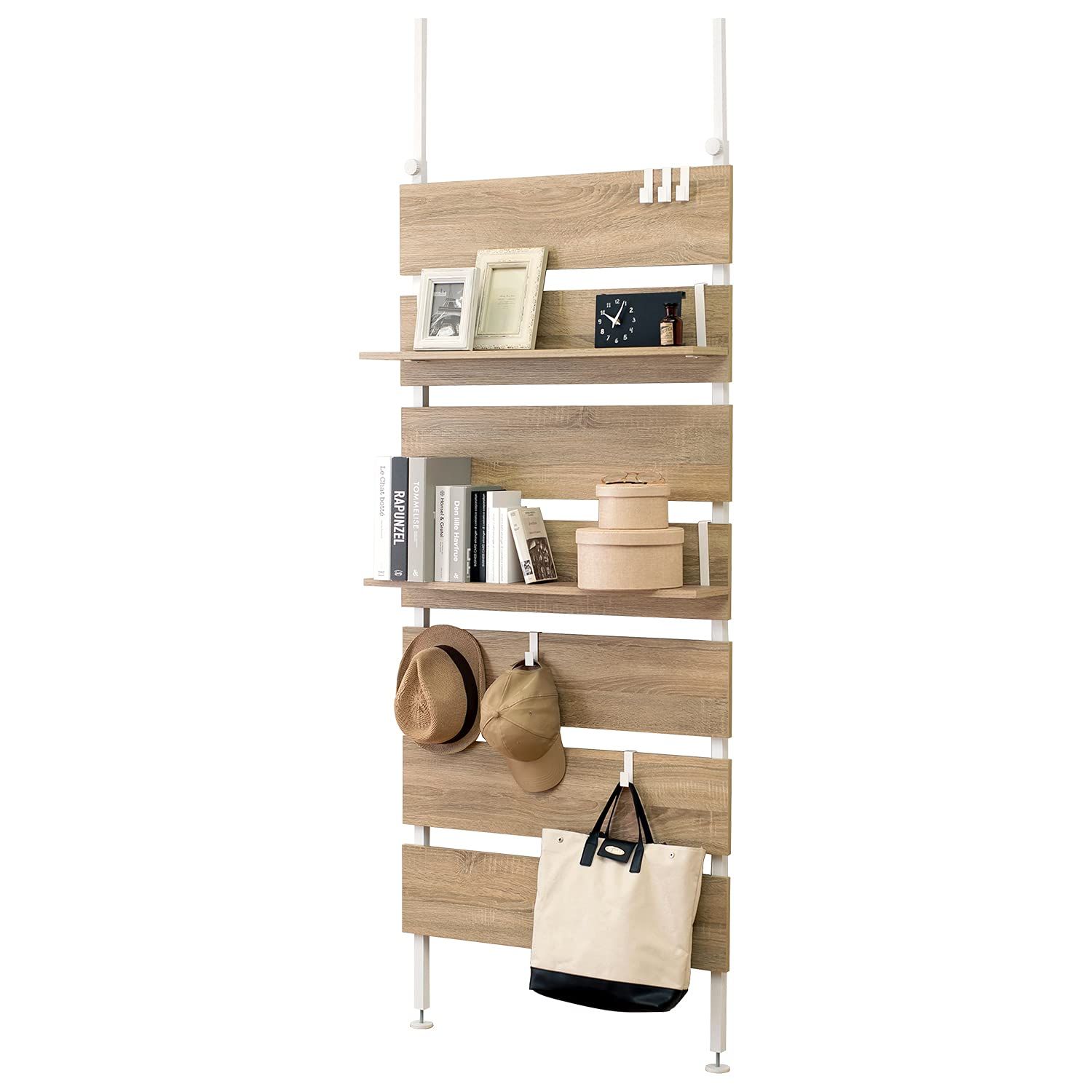 萩原 Hagihara 突っ張り ラック つっぱり 棚 壁面収納 ウォールラック DIY 穴あけ 工事が不要 簡単取付 段差対応 木目調 幅80 スリム ナチュラル KTR-3148NW