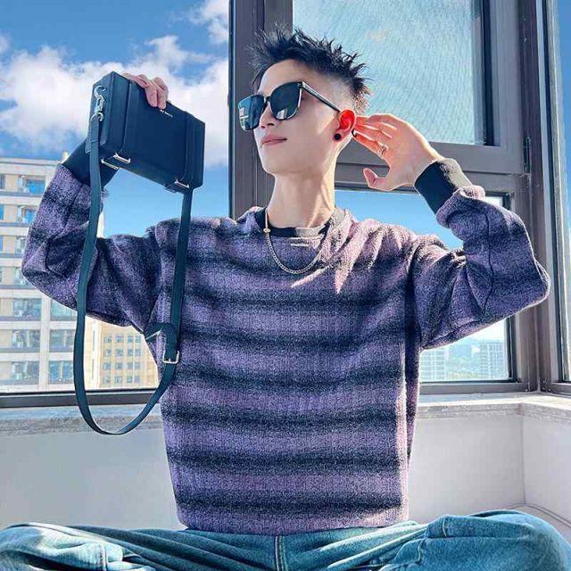  春 コーデ メンズ 用 服 シンプル ファッション オシャレ 大人 かっこいい 大きいサイズ ストリート 紳士服  ストライプ コントラスト スウェット シャツ T シャツ 長袖 トップス ハイエンド その他
