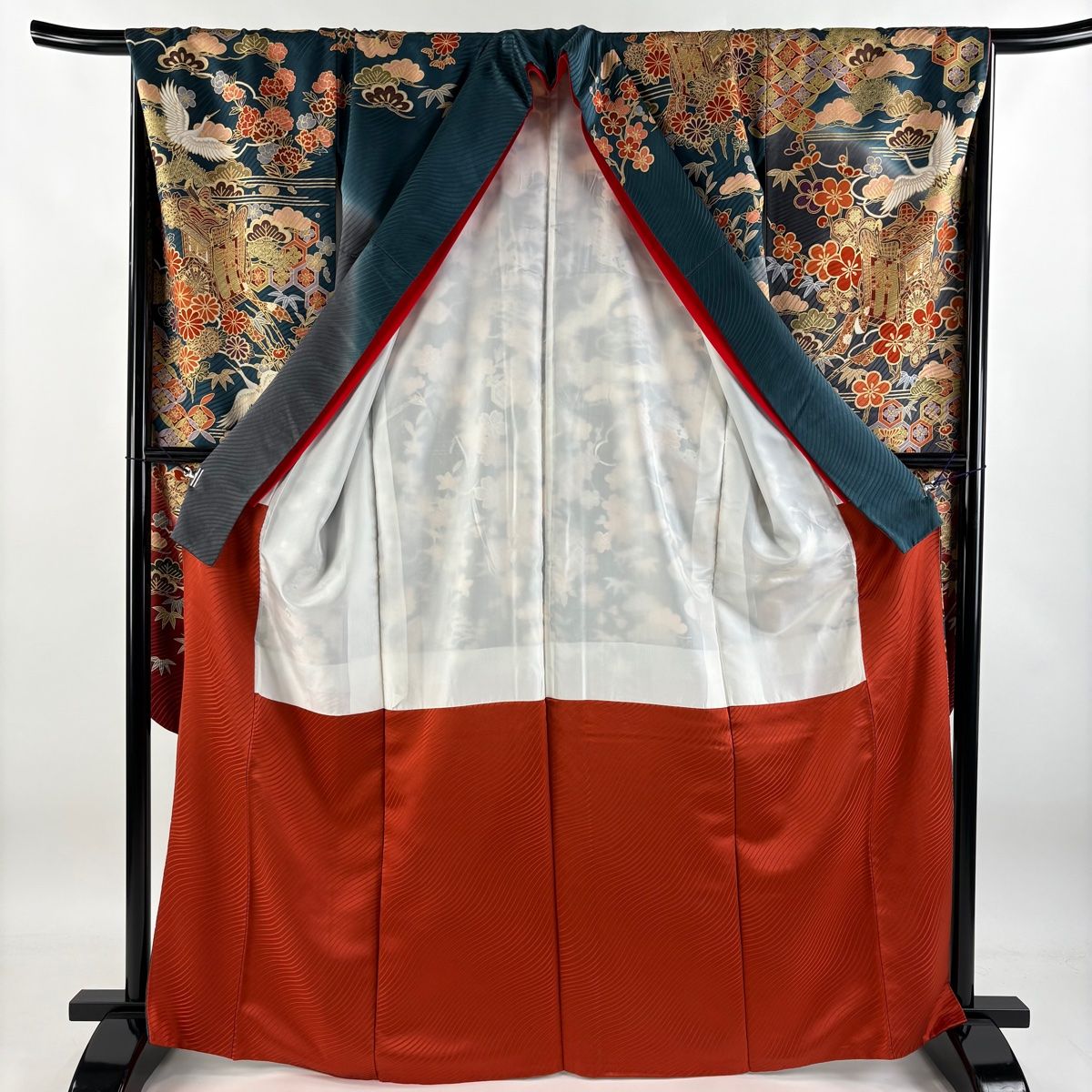 振袖 身丈167cm 裄丈68cm L 袷 枝垂れ桜 金彩 染め分け 青緑 正絹 美品