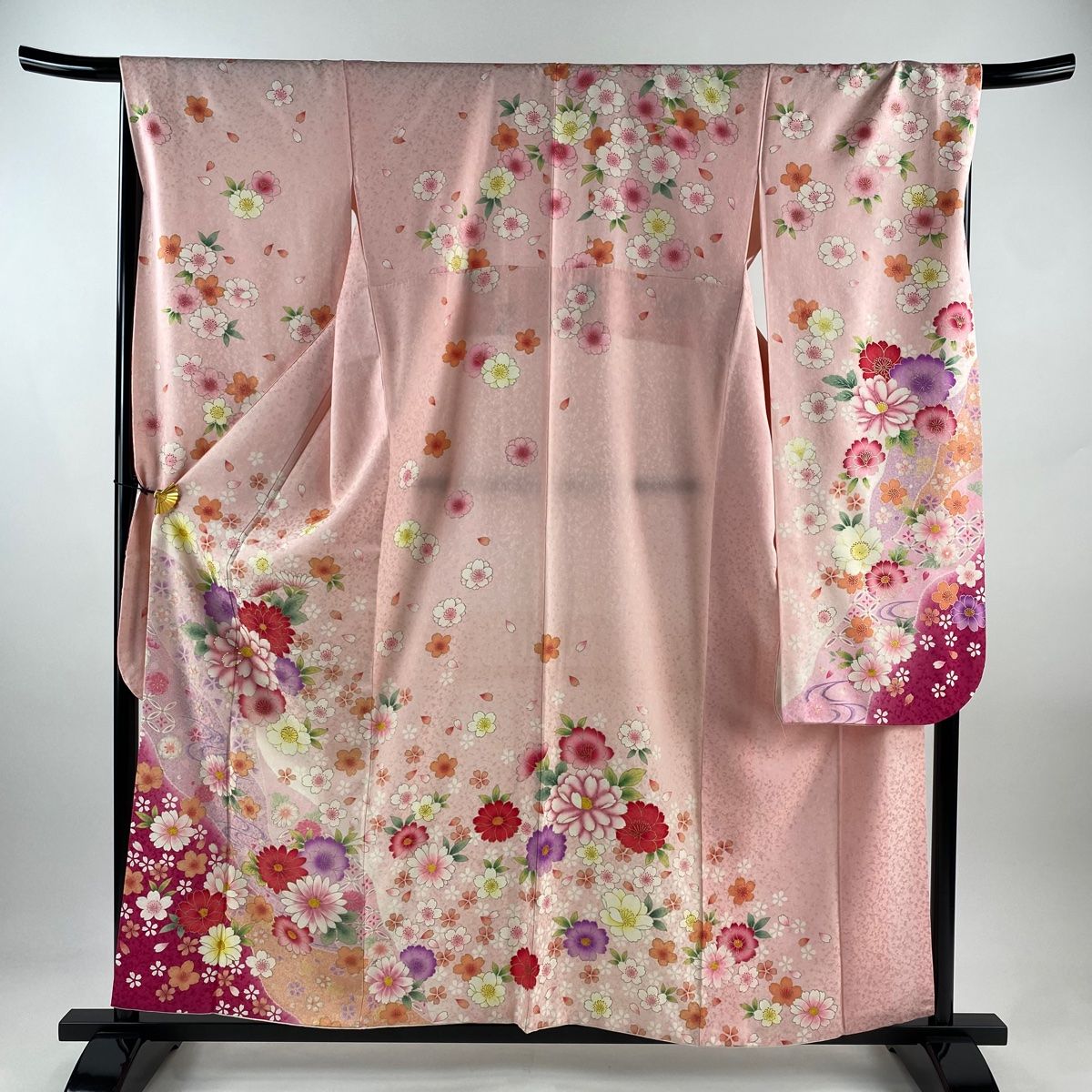 振袖 身丈157.5cm 裄丈68.5cm L 袷 菊 桜 金彩 箔 薄ピンク 正絹
