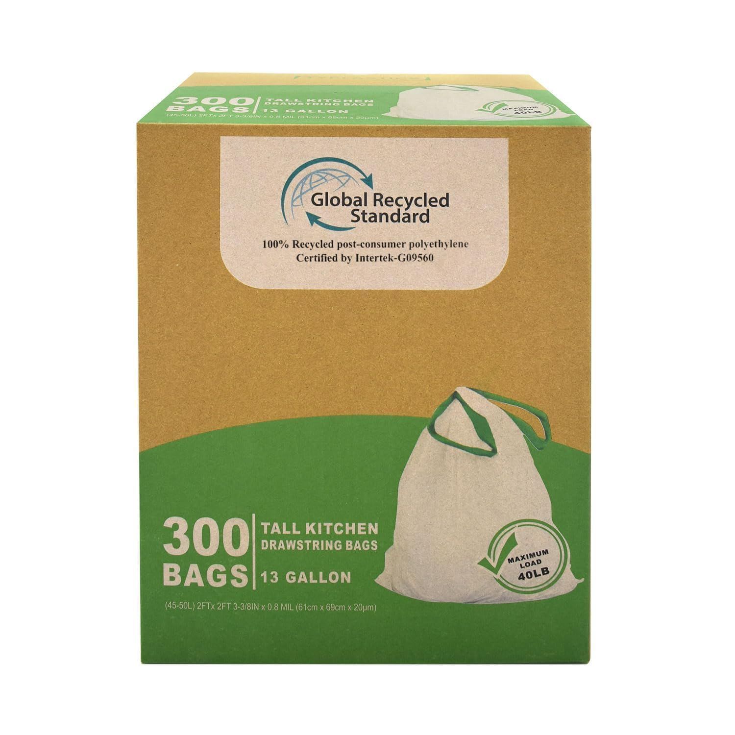 NumberOfItems 300 TYPLASTICS ひも付きゴミ袋 乳白 45-50L 300枚 箱入り GRS認証 PCR材料 環境に優しい 破れにくい 一本でごみ捨て