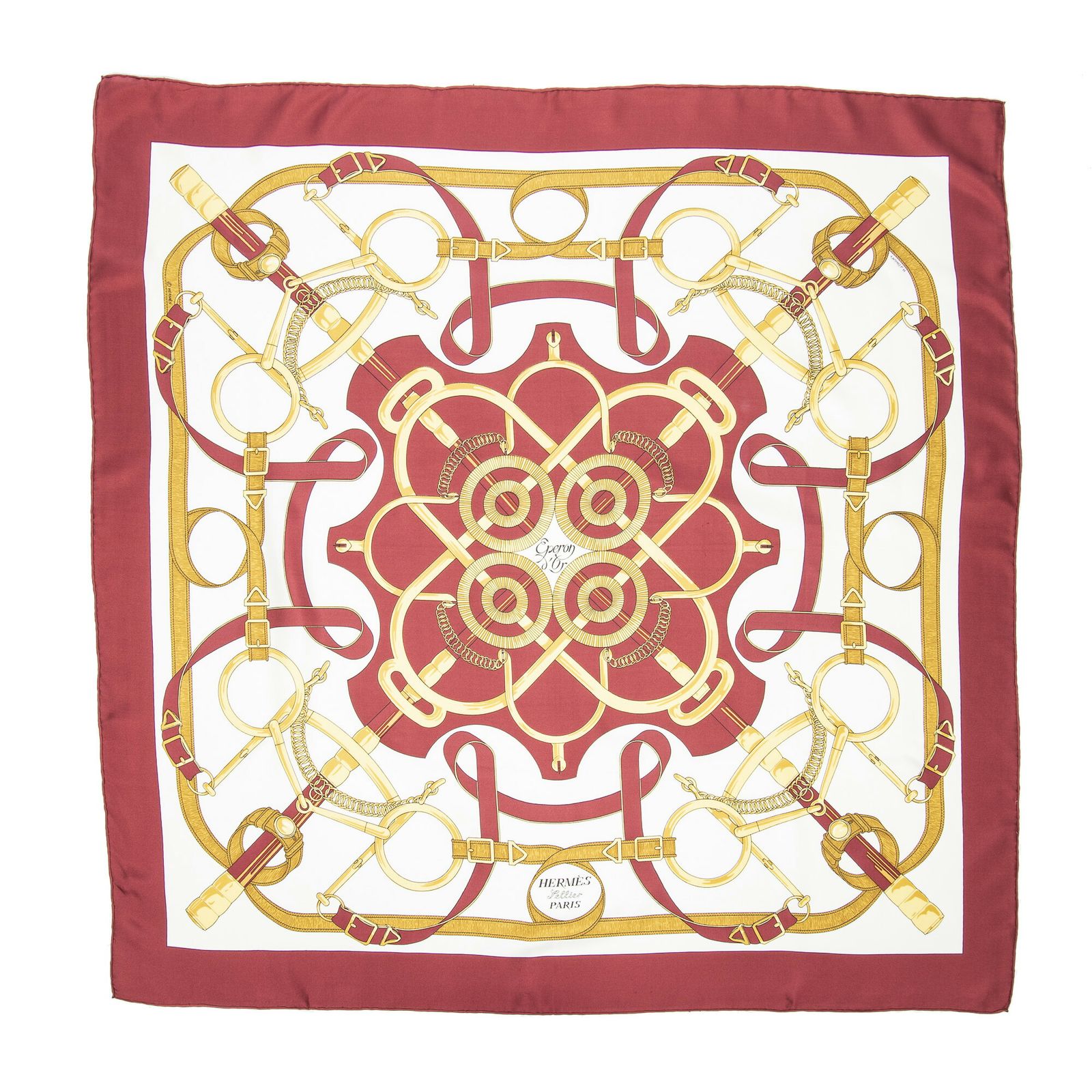 HERMES エルメススカーフバーガンディ アイボリー ゴールド ツイルシルクA