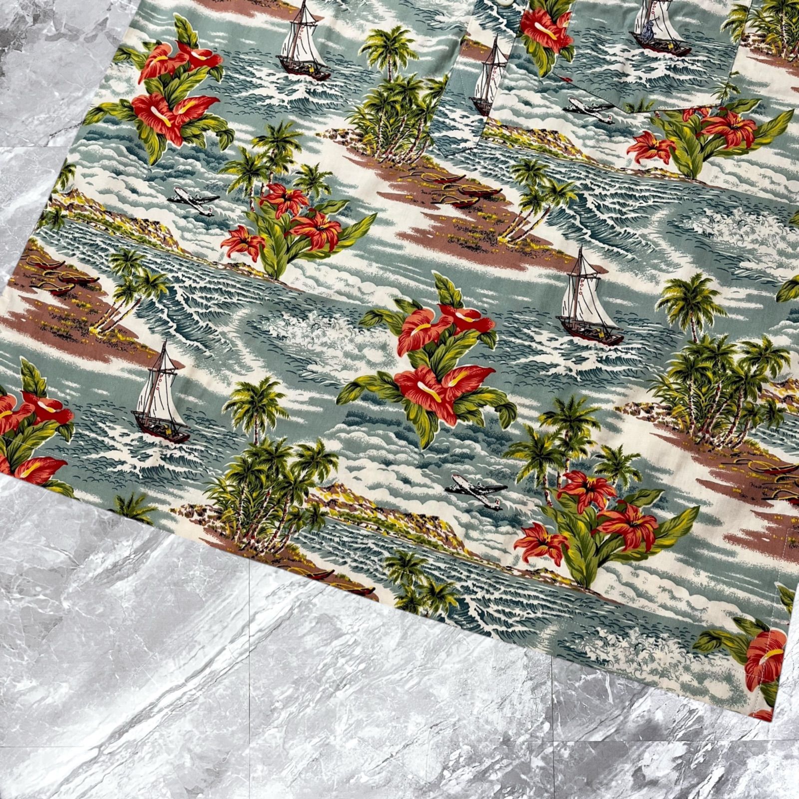 全国無料で届け! Polo by Ralph Lauren ポロバイラルフローレン セットアップ アロハ ハワイアン 半袖 ハーフパンツ ウエストゴム 総柄 コットン 綿 マルチ ブルー系 青色系 サイズL