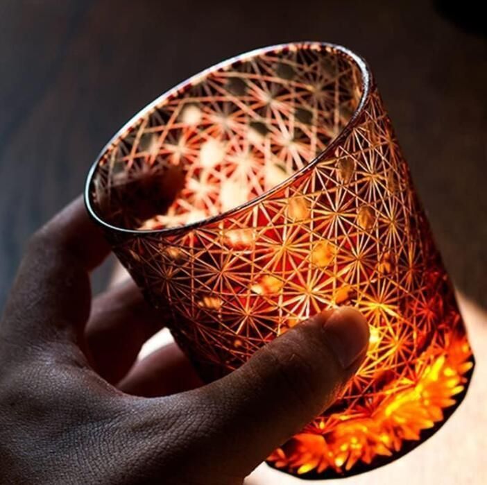グラス切子 菊繋ぎ紋 グラス 冷酒杯 手作りワインセット ロックグラス ビールウイスキーグラス 270ml 赤