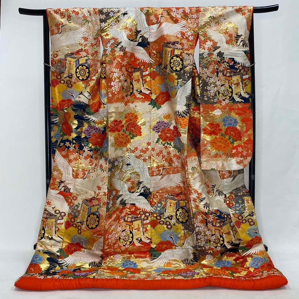 色打掛 正絹 鶴 刺繍 金 打掛 Mサイズ 裄66.5 花嫁衣裳 婚礼  