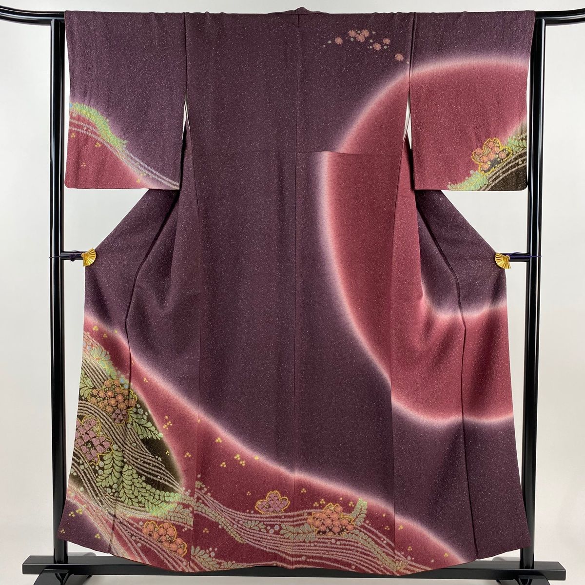 訪問着 身丈155cm 裄丈63cm S 袷 草花 波 銀通し 絞り 紫 正絹 名品