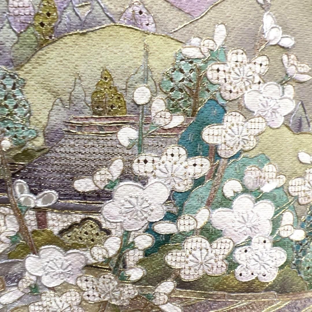 作家もの　色留袖　スワトウ刺繍　銀閣寺　風景模様　梅　金糸　着物　014a d 作家もの 色留袖 スワトウ刺繍 銀閣寺 風景模様 梅 金糸 着物