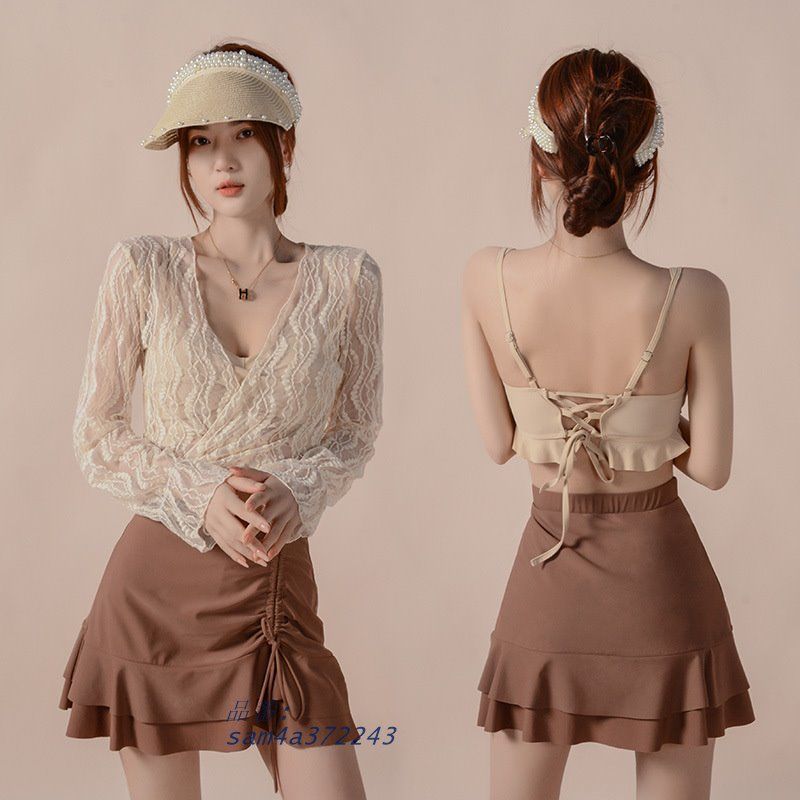 水着 レディース 4点セット 大きいサイズ 婦人 オトナ女子 羽織もの フリル 露出控えめ プール 日焼け対策 海 カシュクール チュール レース ビーチ タンキニ am4a372243