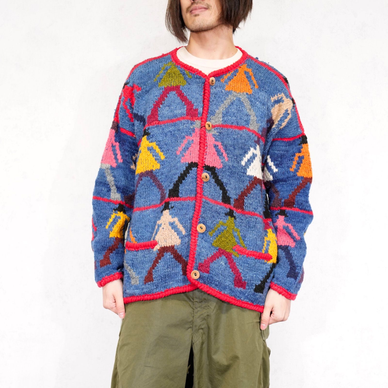 USA VINTAGE AMANO HUMAN PATTERNED DESIGN KNIT CARDIGAN|アメリカ古着人間柄デザインニットカーディガン