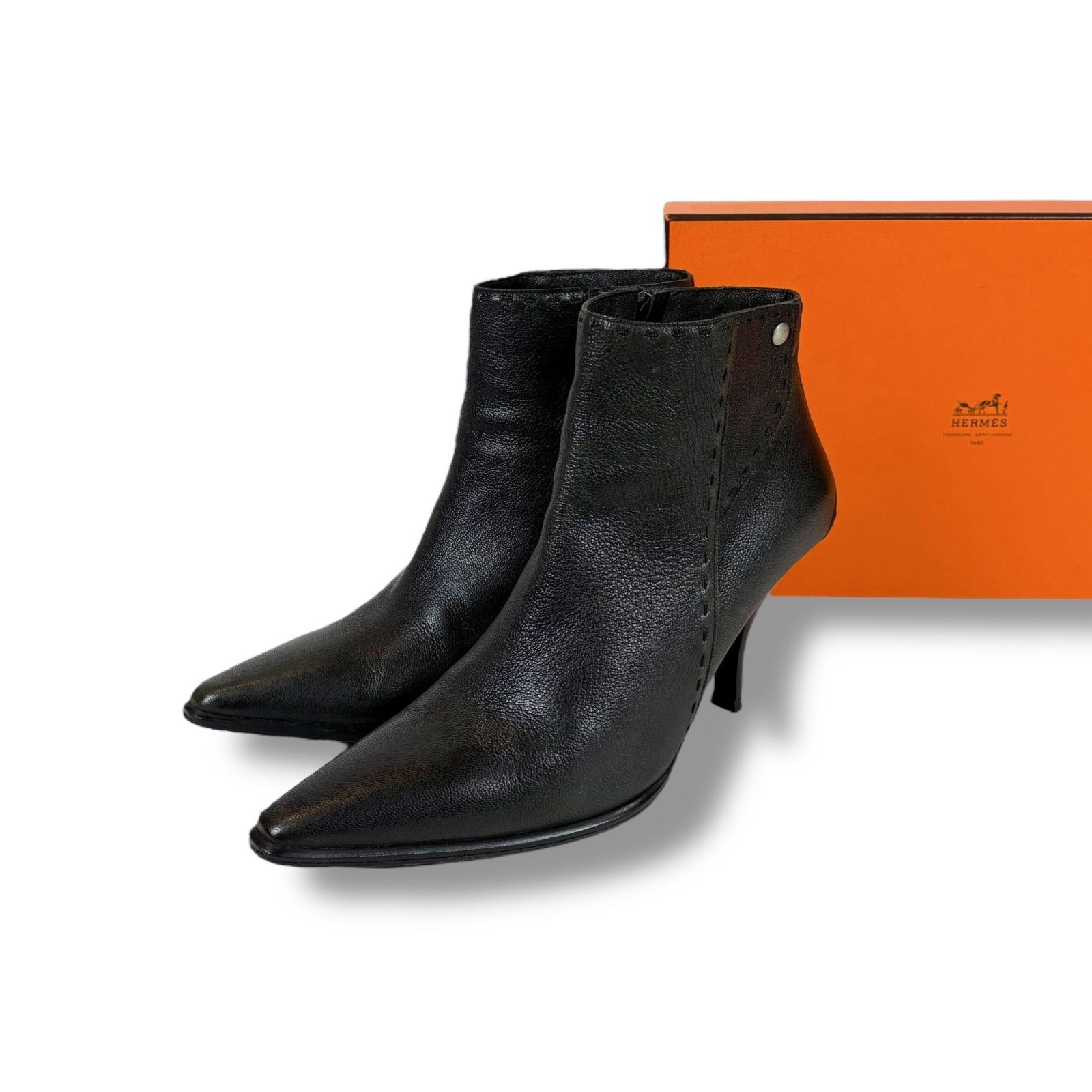 エルメス HERMES ポインテッドトゥ サイドジップ ショートブーツ ヒールブーティ ブラック 黒 レザー