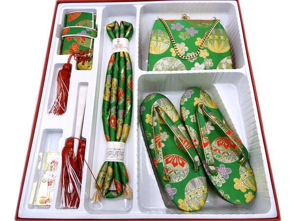 着物美人 送料込み 七五三 女の子 箱セコセット 大 L 7歳6歳8歳 女の子着物用 七五三着物用 3歳着物用 女の子箱セコ 女の子草履バック 女の子帯締め 子供 女児 キッズ ジュニア 箱セコ 草履 21cm バック 帯締め 緑 金 手毬 m523201