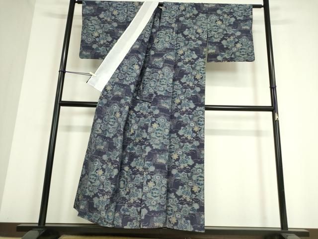 平和屋着物▽上質な紬 単衣 市松花文 正絹 逸品 CAAU3889xi