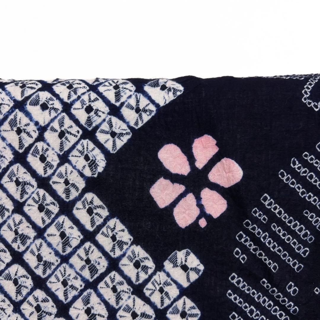 浴衣 有松鳴海絞り 扇 花模様 鹿の子 藍染 ネイビー 着物 035a d