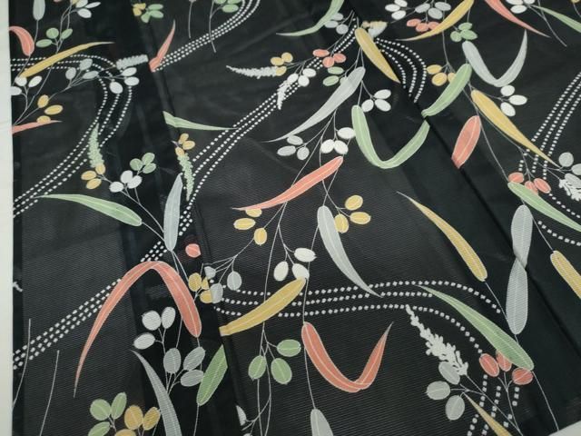 平和屋着物＊夏物 小紋 絽 枝葉文 黒地 洗える着物 CAAW3135ut