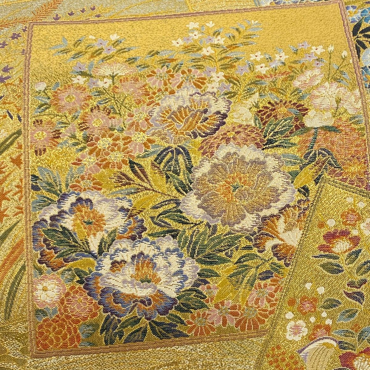 丸帯 加賀 百撰 色紙 花鳥 金糸 本金箔 金色 お太鼓柄 正絹