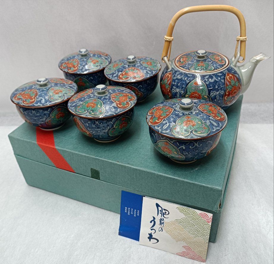 未使用品 有田焼 瑞窯 色絵花文／急須・蓋付き湯呑茶碗５客揃