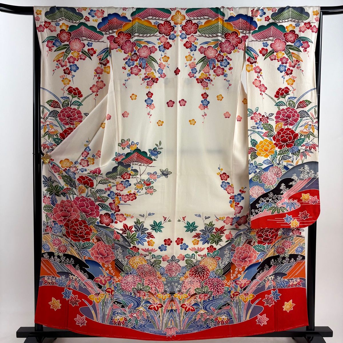 振袖 身丈161cm 裄丈68cm S 袷 牡丹 枝梅 クリーム 正絹 名品