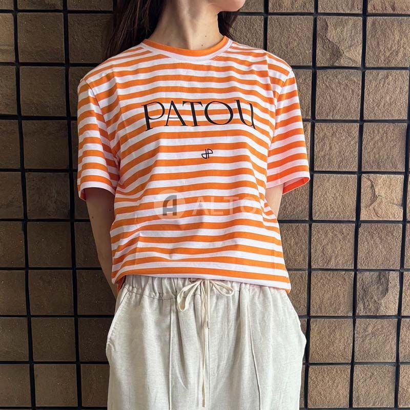 ☆2024春夏入荷☆ PATOU パトゥ JE0329999 オーガニックコットン ボーダー PATOU ロゴ入り Tシャツ カットソー ライトオレンジ×ホワイト