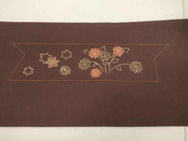 平和屋着物▽塩瀬 九寸名古屋帯 駒刺繍 総刺繍 女人文 金糸 黒鳶色  