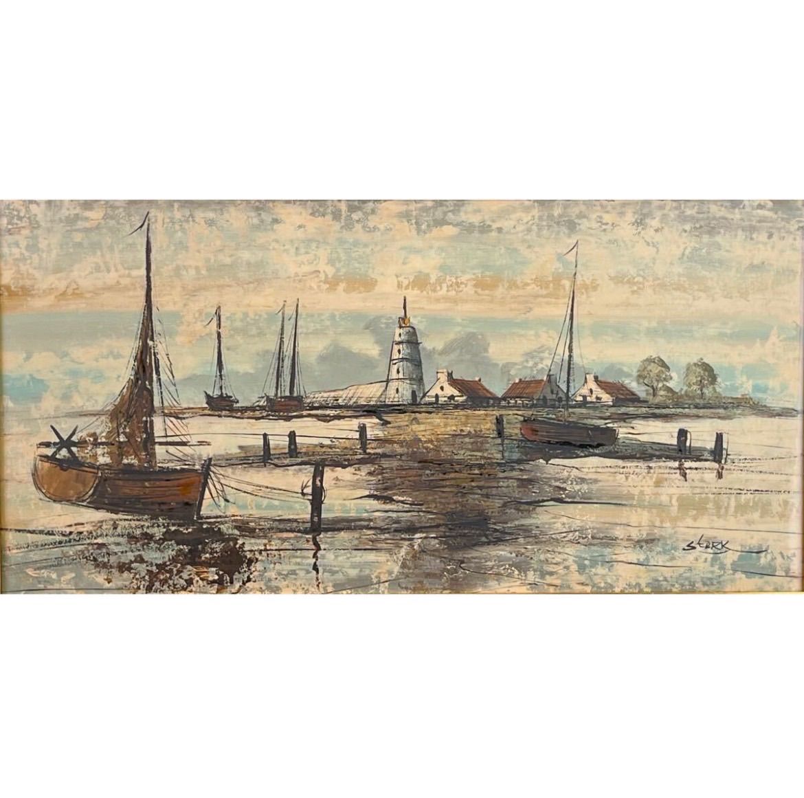 スターク T.Sterk 油彩 10号大 風景画 作品証明書 栞付 オランダ出身 海辺の作品 独特な技法