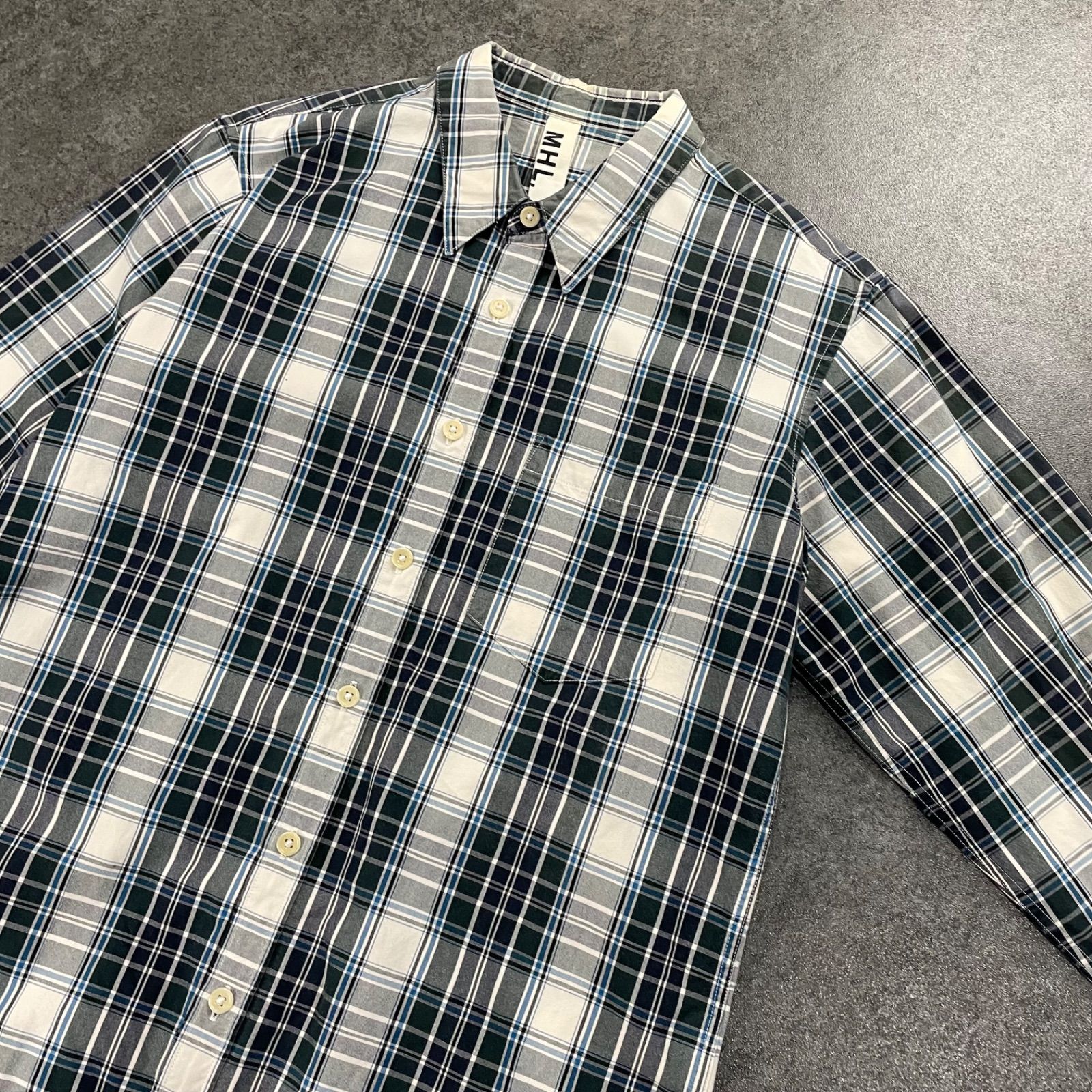 美品✨MHL. 23AW バンドカラー チェック　コットン長袖シャツ サイズ3 MHL. チェックシャツ 長袖 美品✨MHL. 23AW バンドカラー チェック