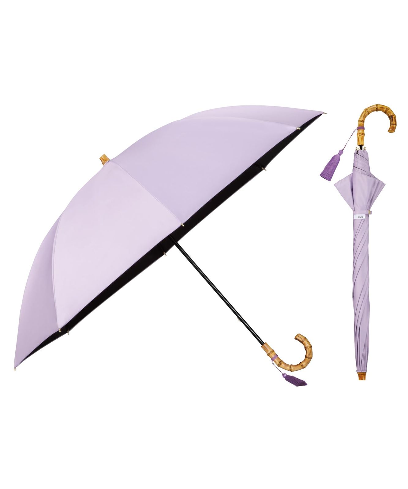 無地タッセル ラベンダー 遮光率＆UVカット率 UPF50＋ 遮熱 晴雨兼用 親骨60cm 大きい 通勤 UVO ウーボ 長傘 60cm 通学 レディース 女性 最強の日傘 バンブー 持ち手 おしゃれ Wpc. 丈夫 UVO60S-27