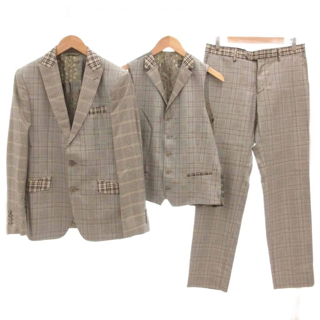 エトロ ETRO セットアップ 3P スーツ ジャケット 総裏地 シングル パンツ ベスト チェック ペイズリー柄 シルク 46 M ベージュ 秋冬 |AE GY18