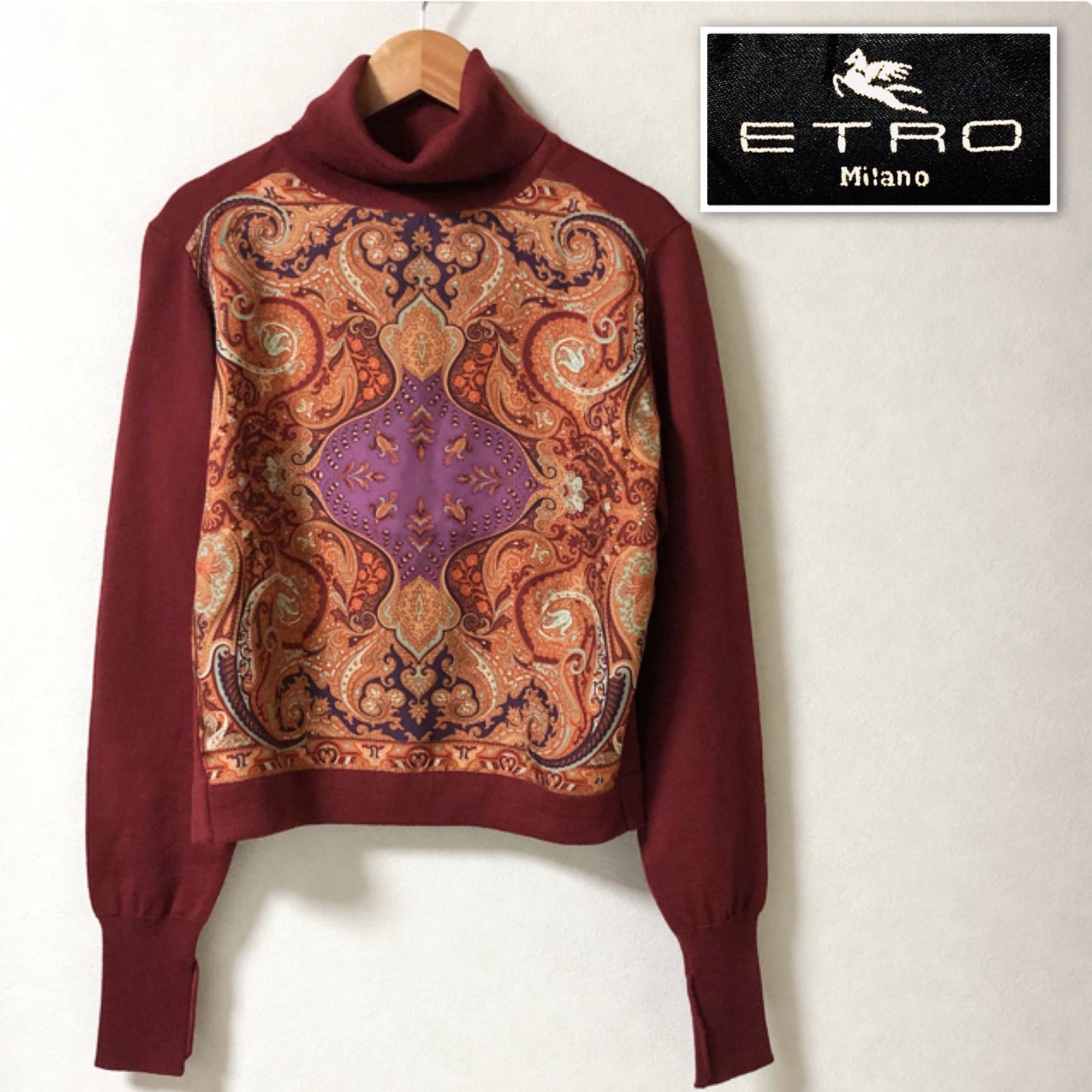 エトロ ペイズリー柄 タートルネック 長袖 カットソー 44 XL 赤 エンジ
