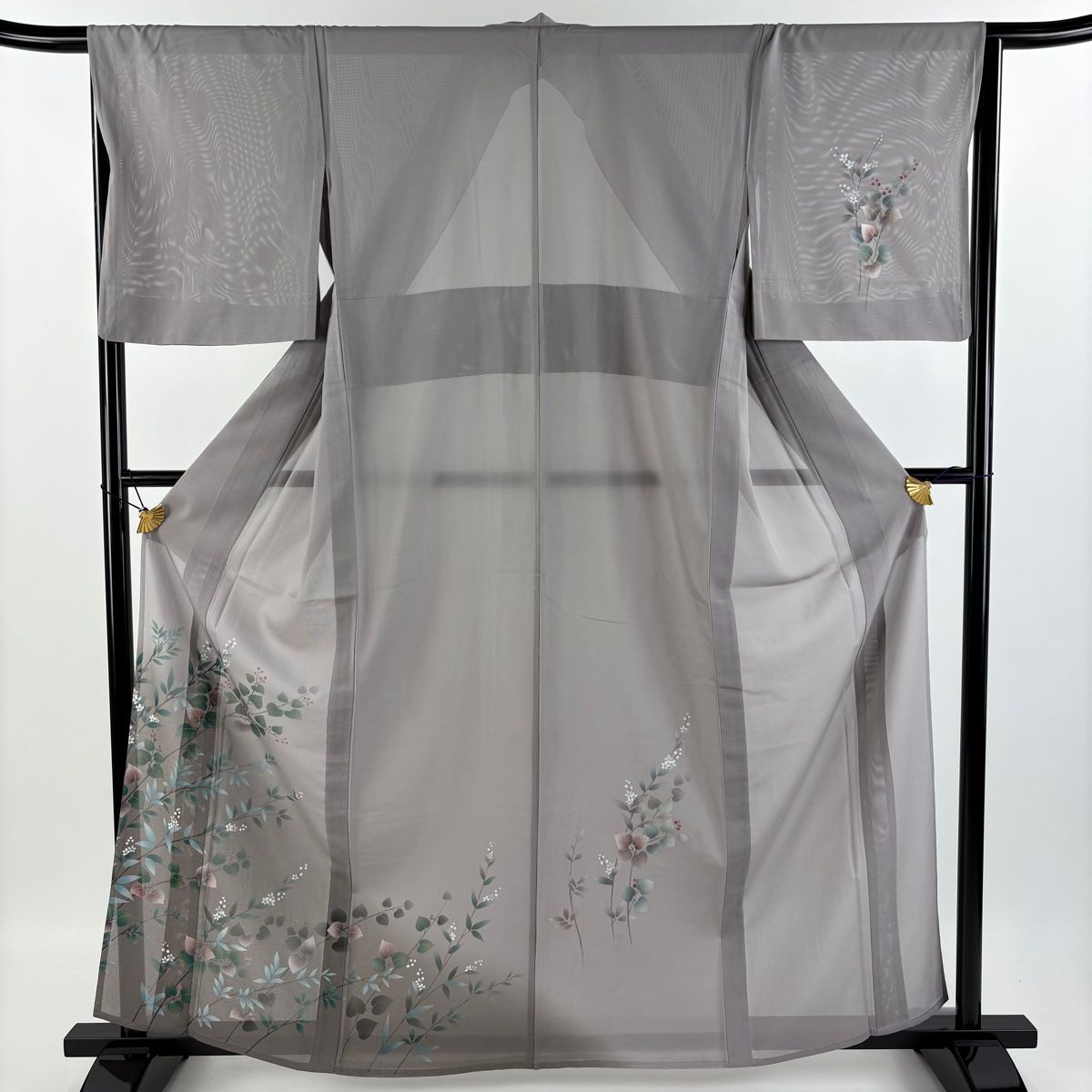 付下げ 身丈162cm 裄丈65cm M 薄物 絽 枝花 金彩 ぼかし 灰紫