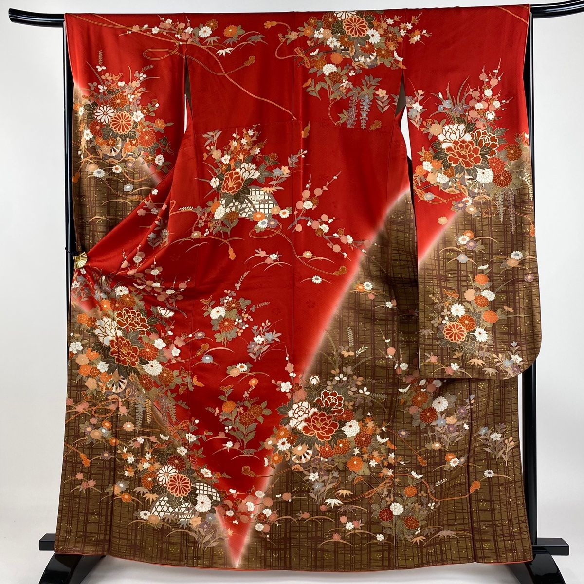 振袖 身丈162cm 裄丈66.5cm M 袷 花車 牡丹 金糸 金彩 朱色 正絹