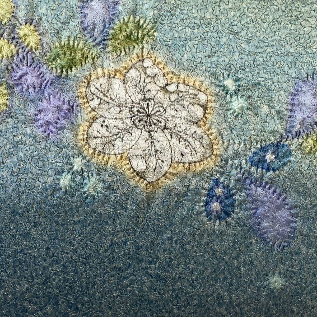 袋帯 久保田一竹工房 落款 辻が花 金糸 青灰色 お太鼓柄 正絹