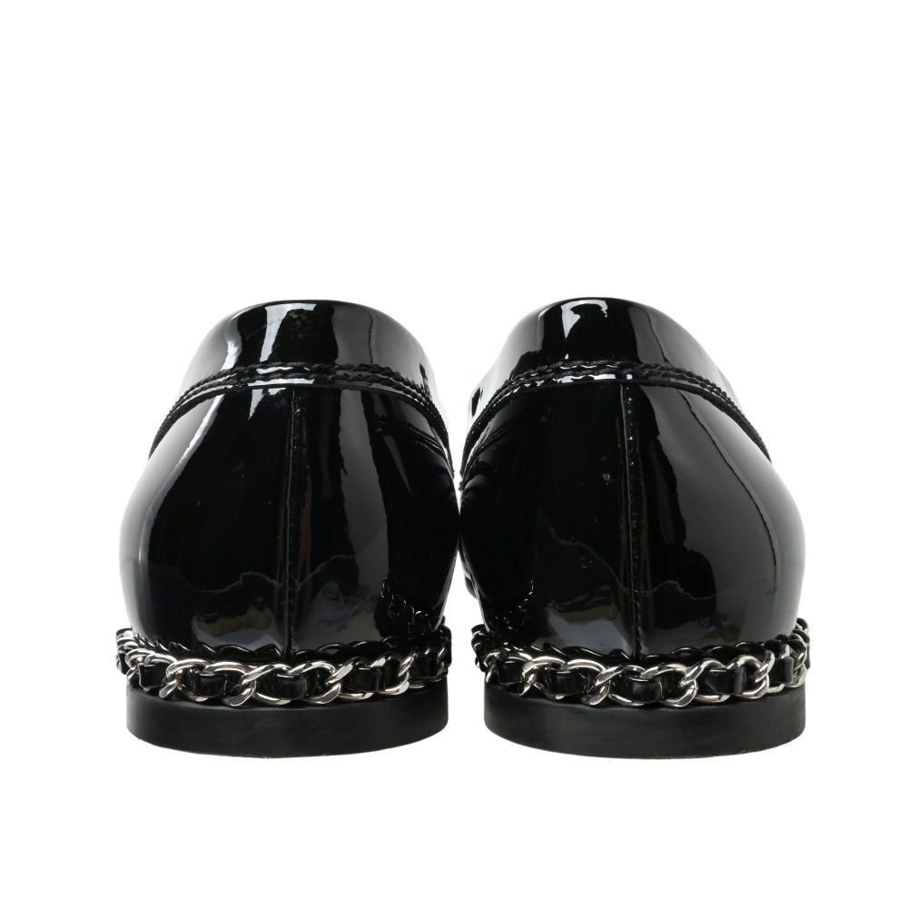 chanel ローファー エナメル ココマーク チェーン ロゴ 黒 ドレス